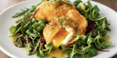 Smažená pošírovaná vejce, která se hodí k obědu i pozdní snídani. Křupavá skořápka, tekutý žloutek a svěží salát k tomu