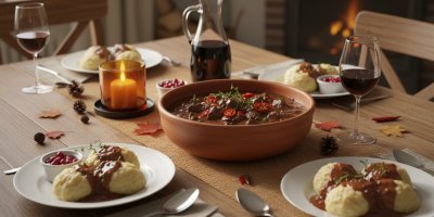 Poctivý jelení guláš na červeném víně s brusinkami. Pomalu dušené maso, které se rozpadá na vidličce