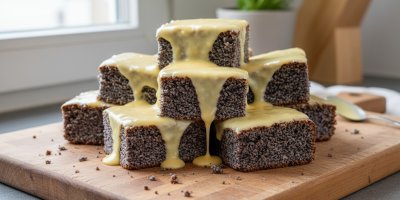 Makový koláč bez mouky s vanilkovým pudinkem a yuzu polevou