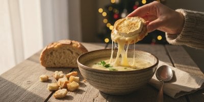 Teplá a krémová cibulovo-petrželová polévka s hermelínem, co zahřeje a zasytí na dlouhou dobu