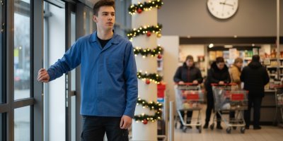 Mladík v obchodě během Vánoce
