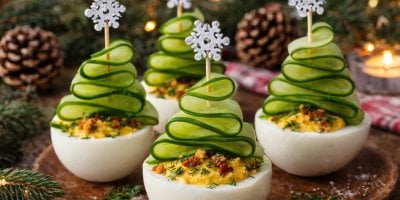Vánoční plněná vajíčka s okurkovými stromky: Efektní jednohubky, které zmizí ze stolu rychleji než cukroví