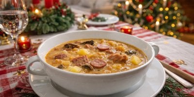 Hustá kapustnica se zelím, uzeným masem a klobásou. Tradiční slovenský recept, který k Vánocům patří stejně jako stromek