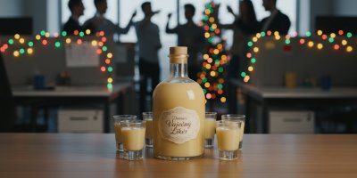 Vaječný likér a skupina lidí na vánočním večírku v práci