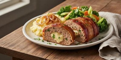 Vepřová sekaná se sýrem a mačkanými bramborami na zeleninovém salátku. Výborná variace na víkendovou klasiku