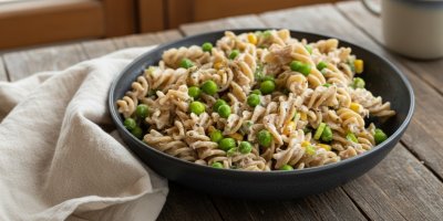 Rychlá večeře nebo oběd do krabičky z pár surovin: Těstovinový salát s tuňákem, kukuřicí a hráškem