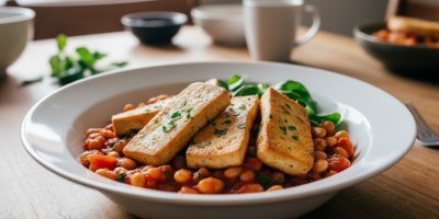 Rychlé tofu s fazolemi, rajčaty a chilli. Jednoduchý recept, který zasytí a chutná i bez masa