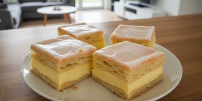 Recept na křupavé, ale vláčné žloutkové řezy z listového těsta s vanilkovým krémem a citronovou polevou