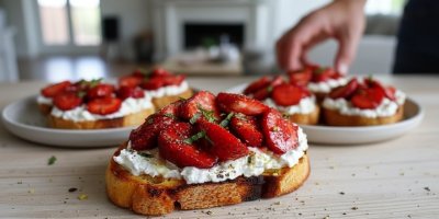 Topinka s pečenými jahodami a ricottovým krémem. Křupavá sladko-slaná snídaně, která překoná i avokádový toust