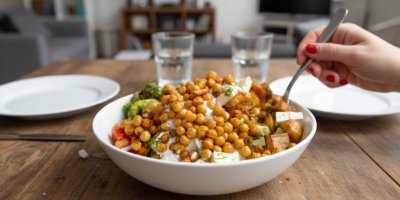 Křupavý cizrnový salát jako hlavní jídlo: Teplé brambory, feta a krémový jogurt v jedné misce