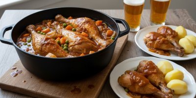 Kuřecí stehýnka v pivní omáčce se zeleninou: Recept na šťavnaté maso z trouby