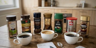 Sedm instantních káv v produktovém balení, tři šálky kávy