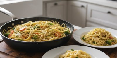 Recept na krémové špagety se zeleninou z jedné pánve