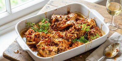 Pečený králík na bílém víně se slaninou a hořčicí. Po téhle pečínce si oblízne všech deset celá rodina