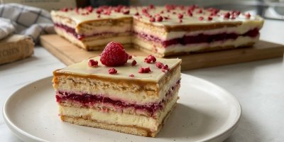 Recept na nepečené řezy se salkem, malinami a bílou čokoládou: Jemný vrstvený dezert do formy