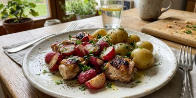 Brambory s pečenými ředkvičkami a masem na talíři