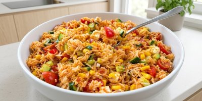 Recept: Barevný rýžový salát s pestem, fetou a zeleninou