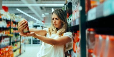 Žena v supermarketu se dívá na zboží a mračí se
