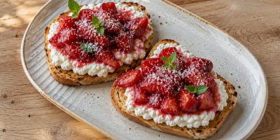 Recept na křupavý toast s cottage sýrem a karamelizovanými jahodami. Snídaně inspirovaná Instagramem