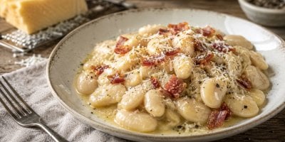 Recept na fazole carbonara: Máslové bílé fazole v krémové omáčce s vejci, sýrem a křupavou slaninou