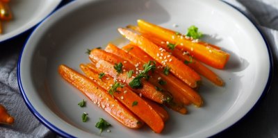 Dušená mrkev servírovaná na bílém talíři