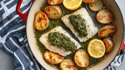 Pečená treska s koprovým pestem a bramborami