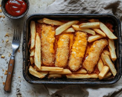 Rybí prsty zapečené se sýrem a hranolky