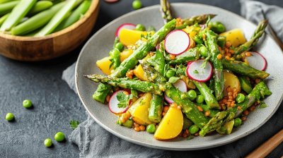 Chřestový salát s čočkou a novými bramborami