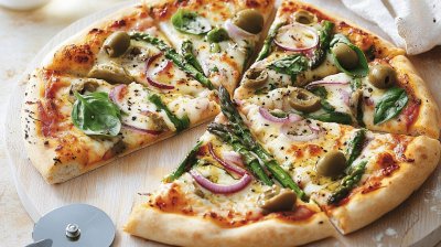 Pizza s chřestem, špenátem a olivami