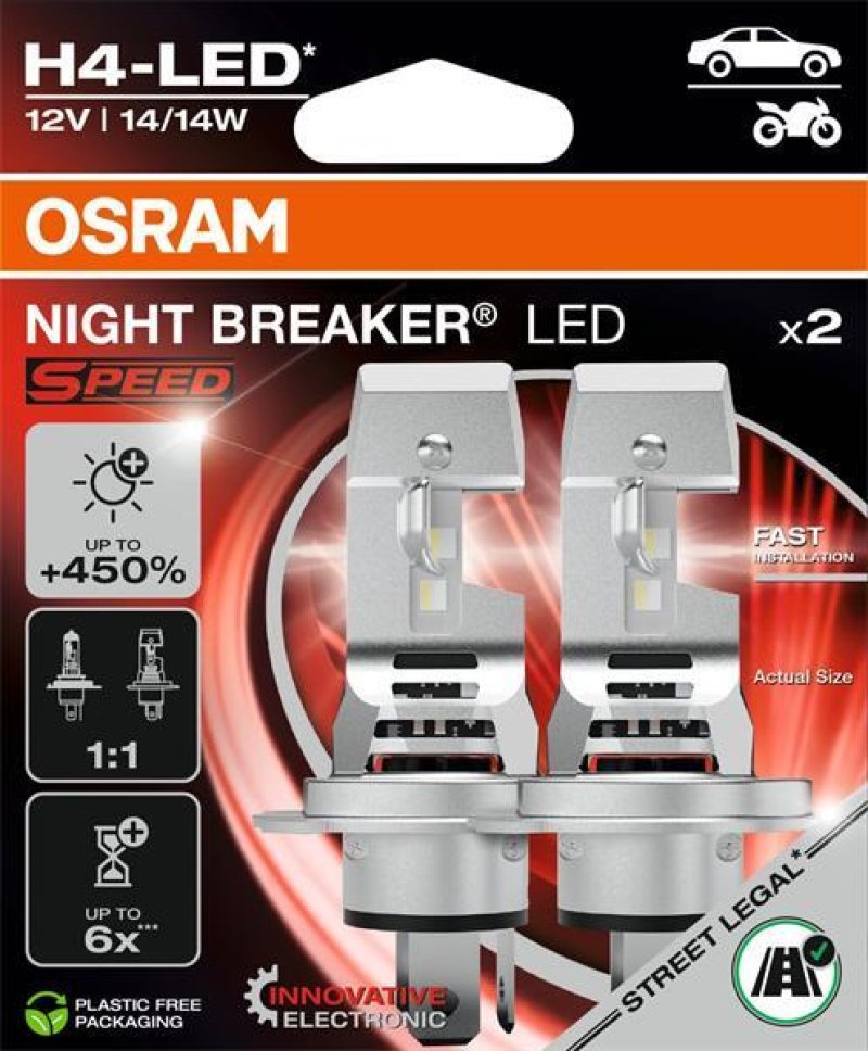 Žárovka OSRAM H4 12V P43t 14W legální LED 6000k 2ks +450% - OS 64193DWNBSP-2HB