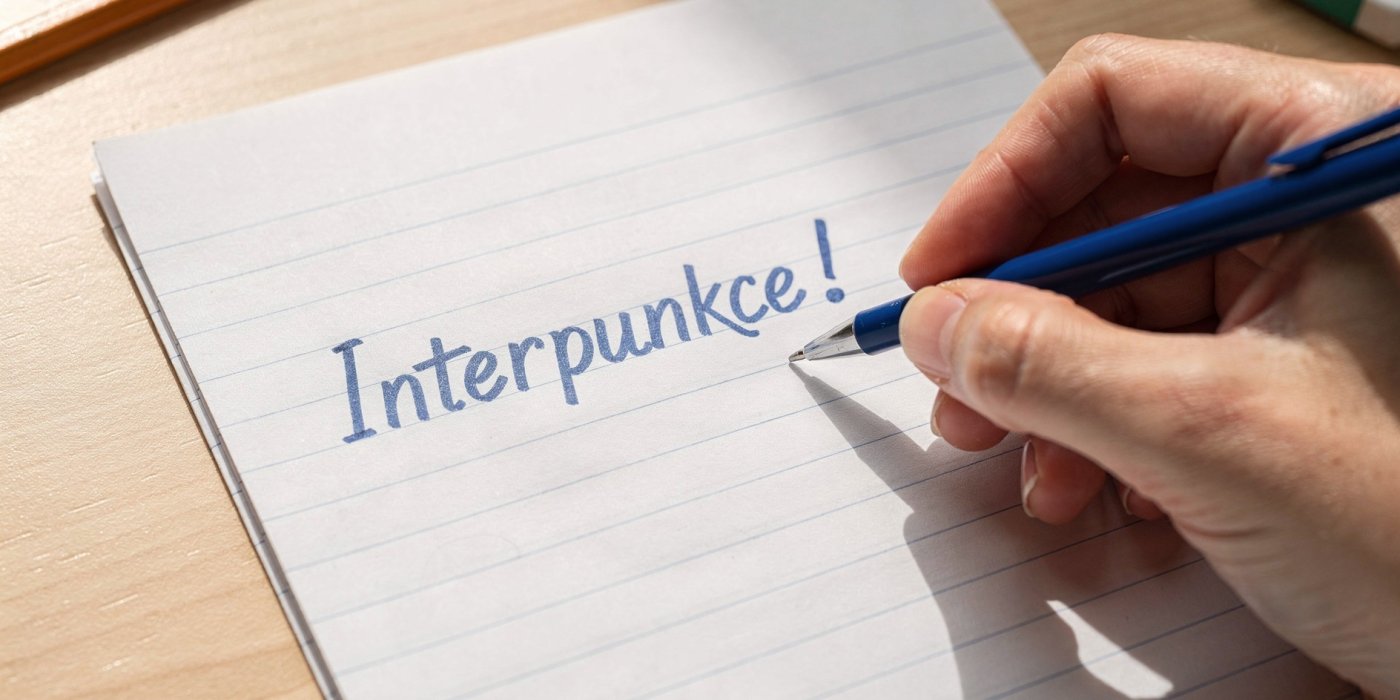 Ruka píše do sešitu slovo Interpunkce