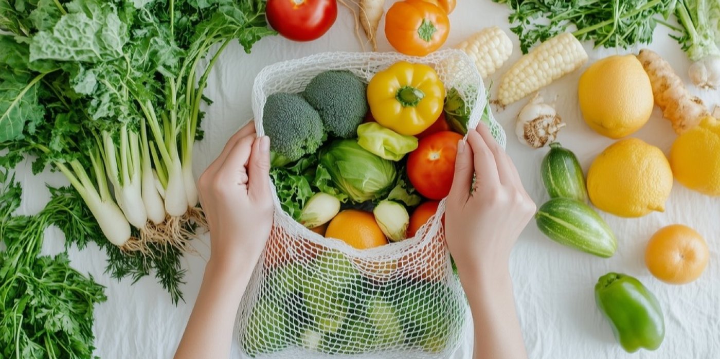 Ženské ruce drží síťku plnou zeleniny